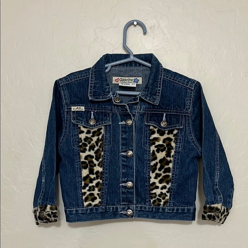 Vintage Y2K Gasoline Denim Pockets Leopard Design Button Closure Jacket